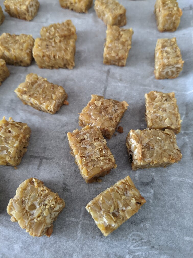 Tempeh croutons, fresh out of the oven.